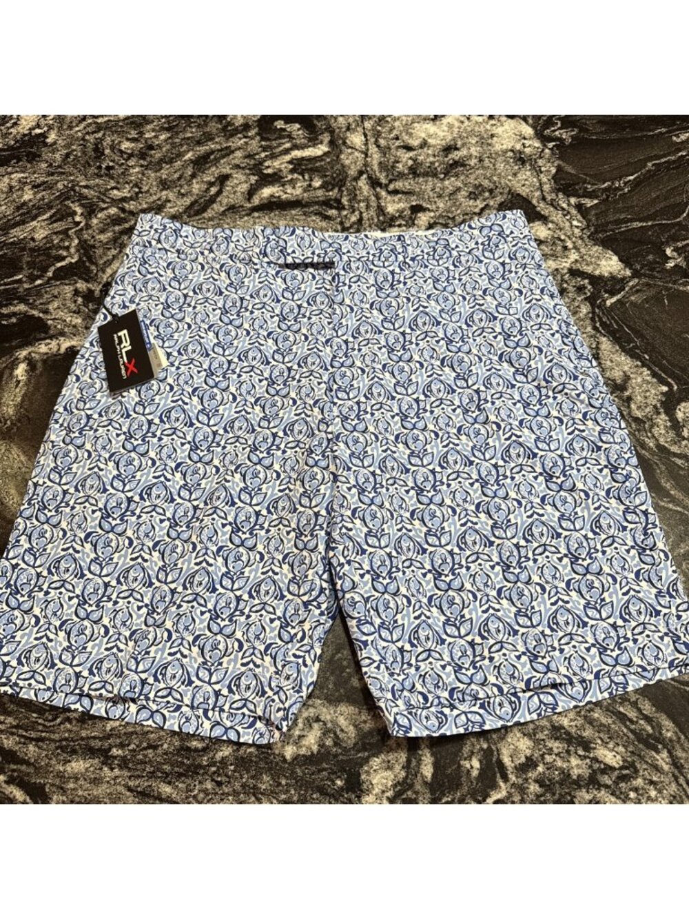 Ralph Lauren RLX Classic Fit Golf Shorts Blue White Fish Print Size 34 NWT